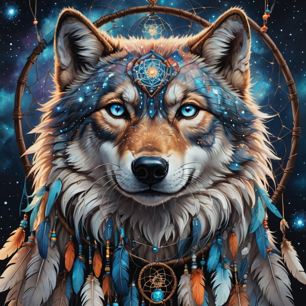 Luminescent Wolf Dreamcatcher in Cosmic Concept Art