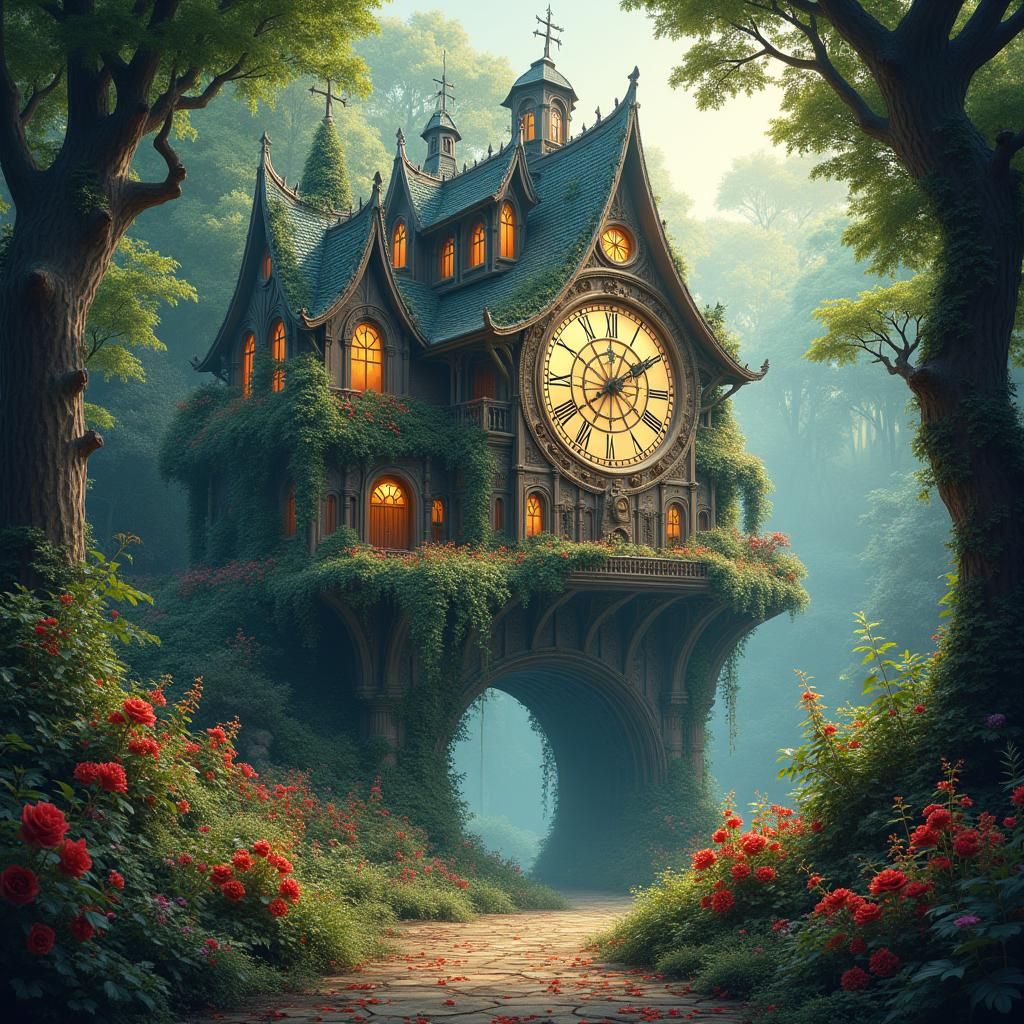 Ornate Clock House in Mystical Garden Art