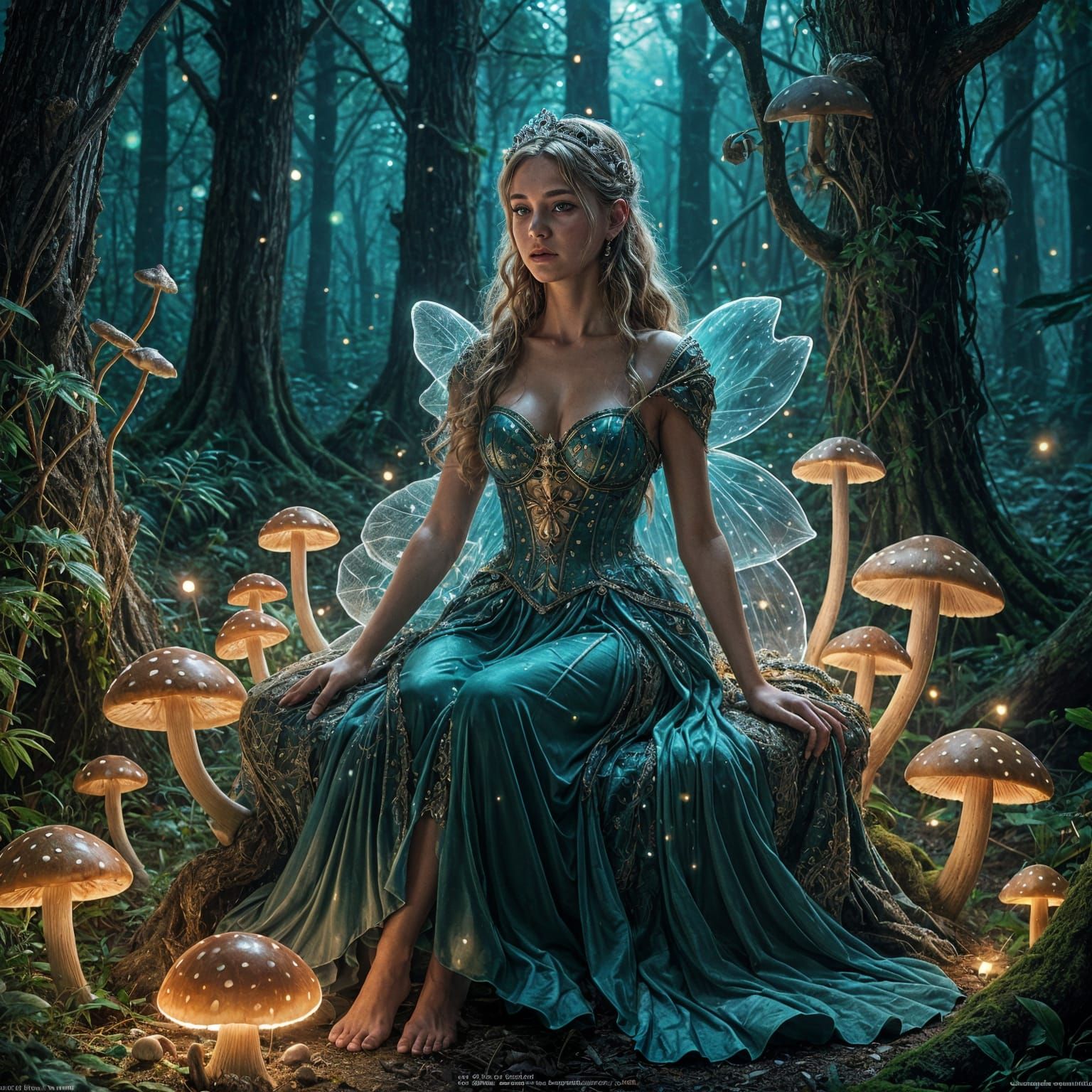 Fae Princess in Bioluminescent Forest, Starlight Gown