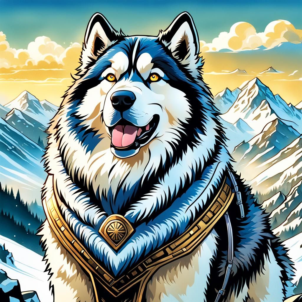 Alaskan Malamute on Mountain Peak in Comic Book Art