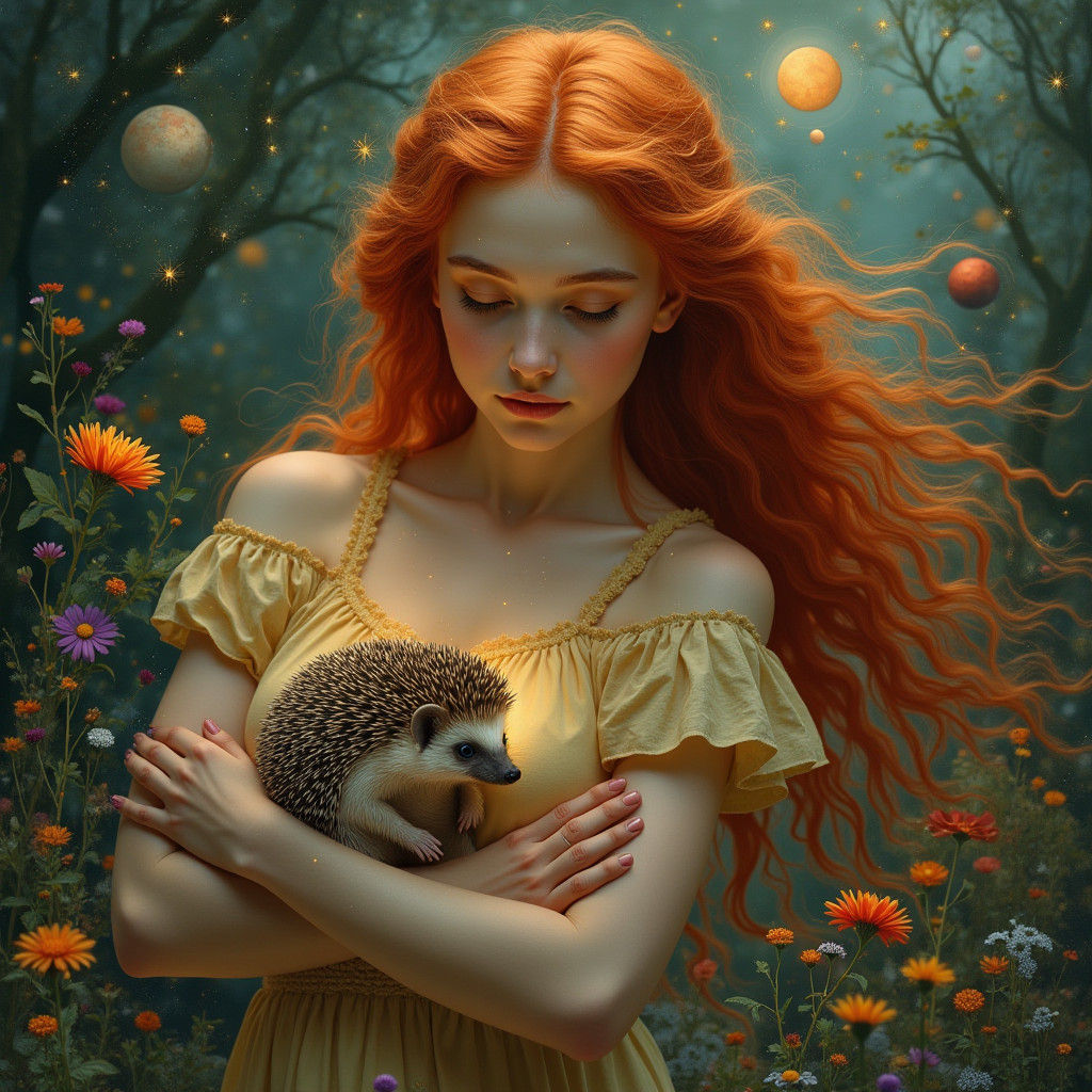 Planetary Redhead with Hedgehog: Romantic Oil Painting
