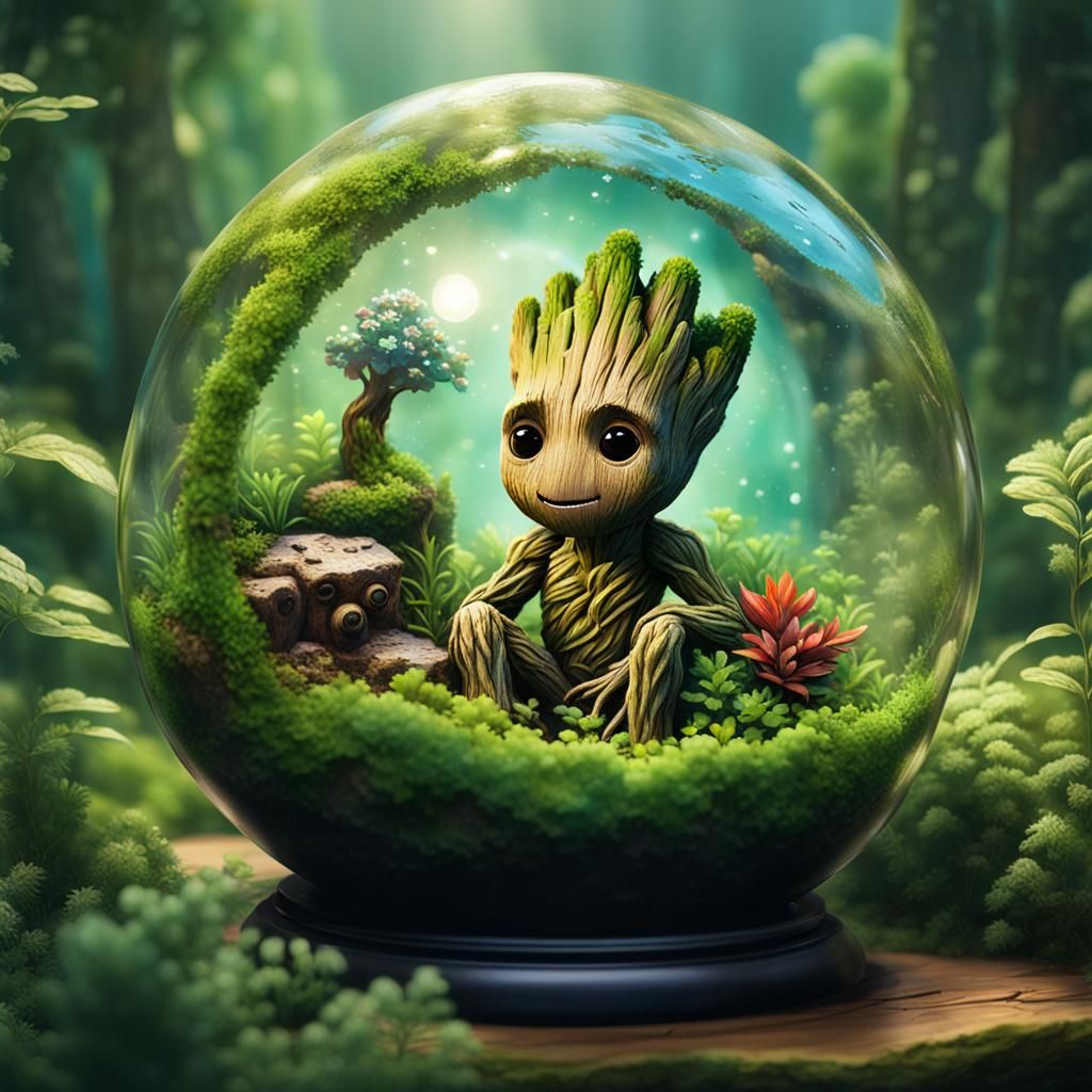 Groot in a Miniature Terrarium: 3D Digital Art
