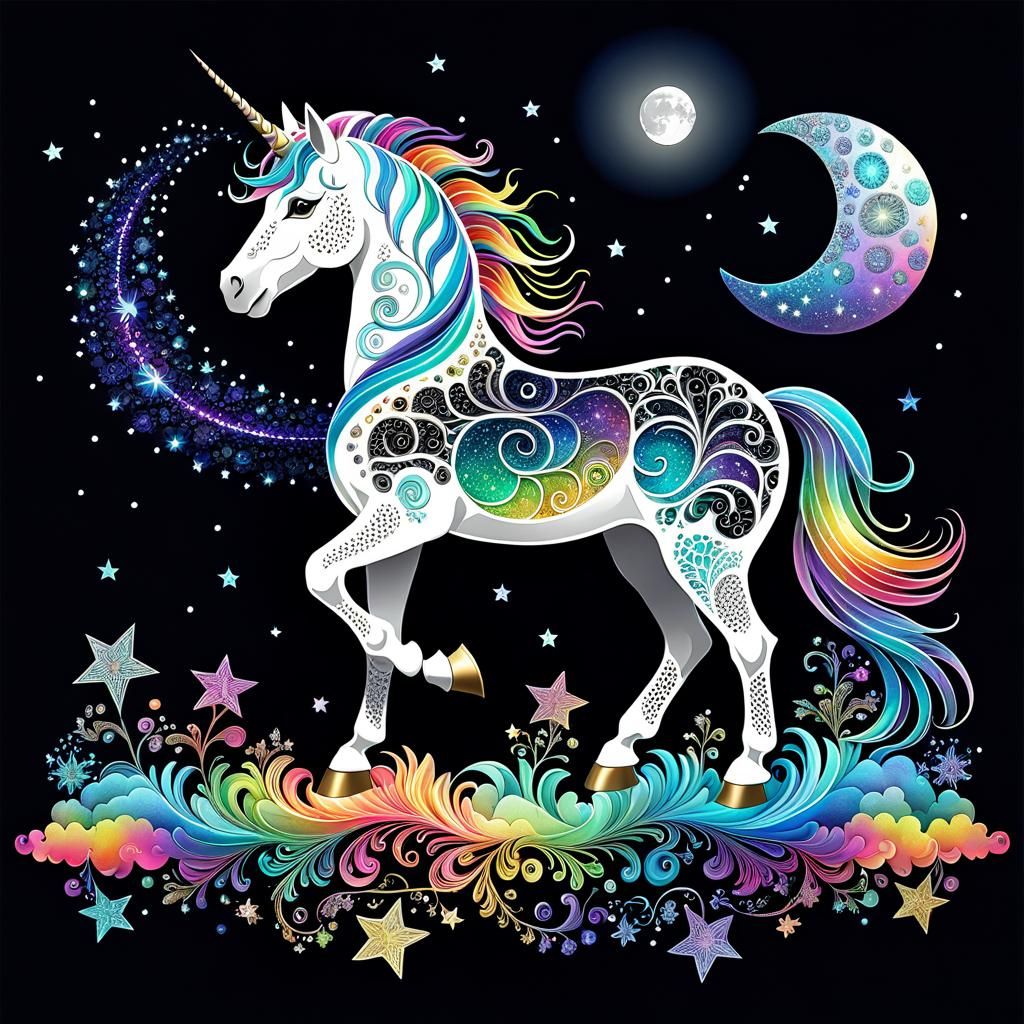 Zentangle Unicorn in a Dreamland of Fractal Art