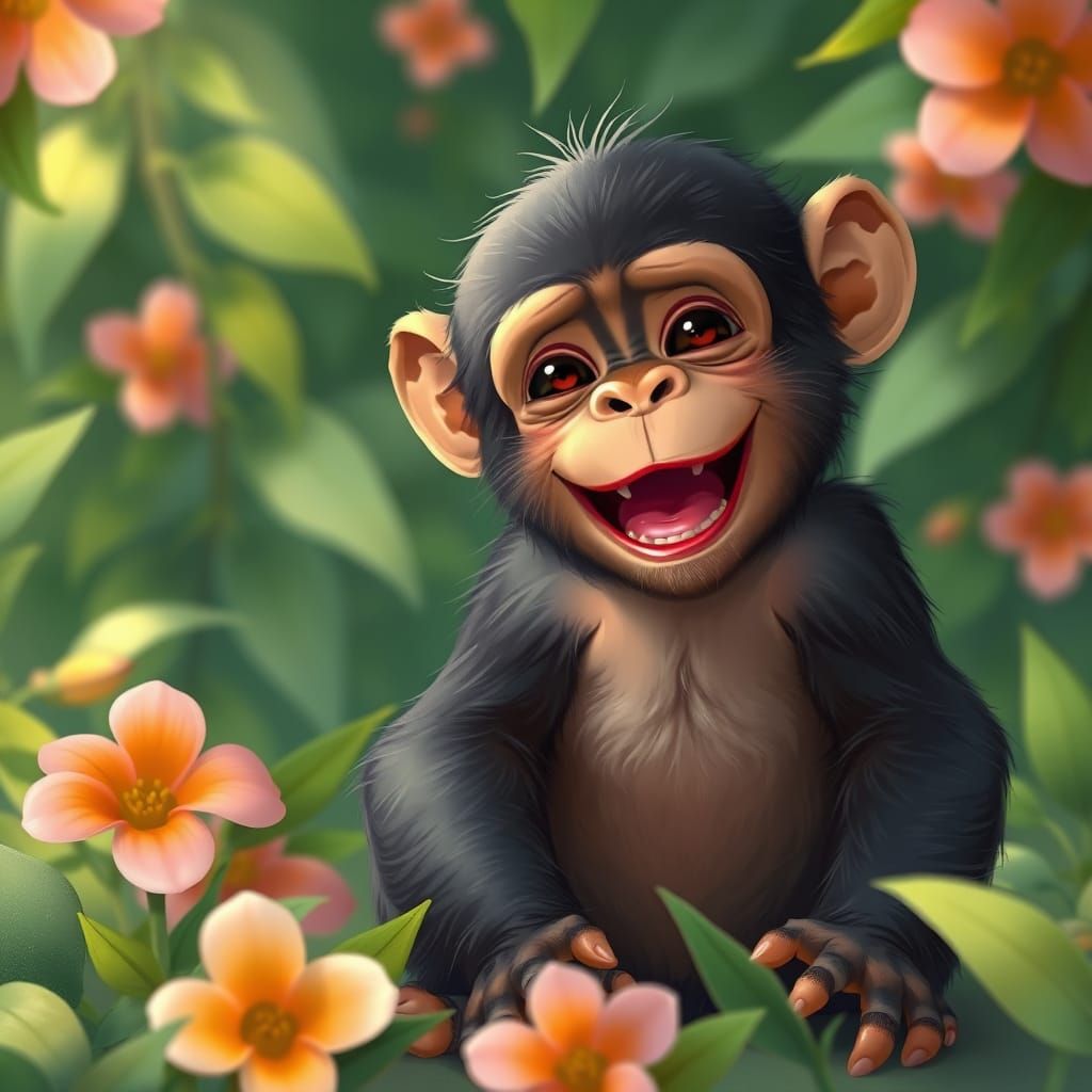 Whimsical Baby Chimpanzee in a Lush Green Environment