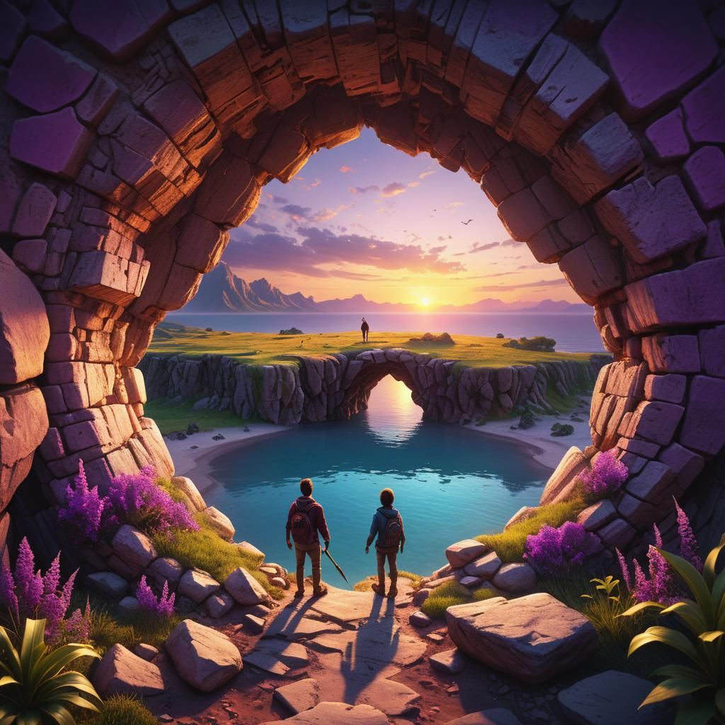 Paradise View Through Stone Arch at Sunset