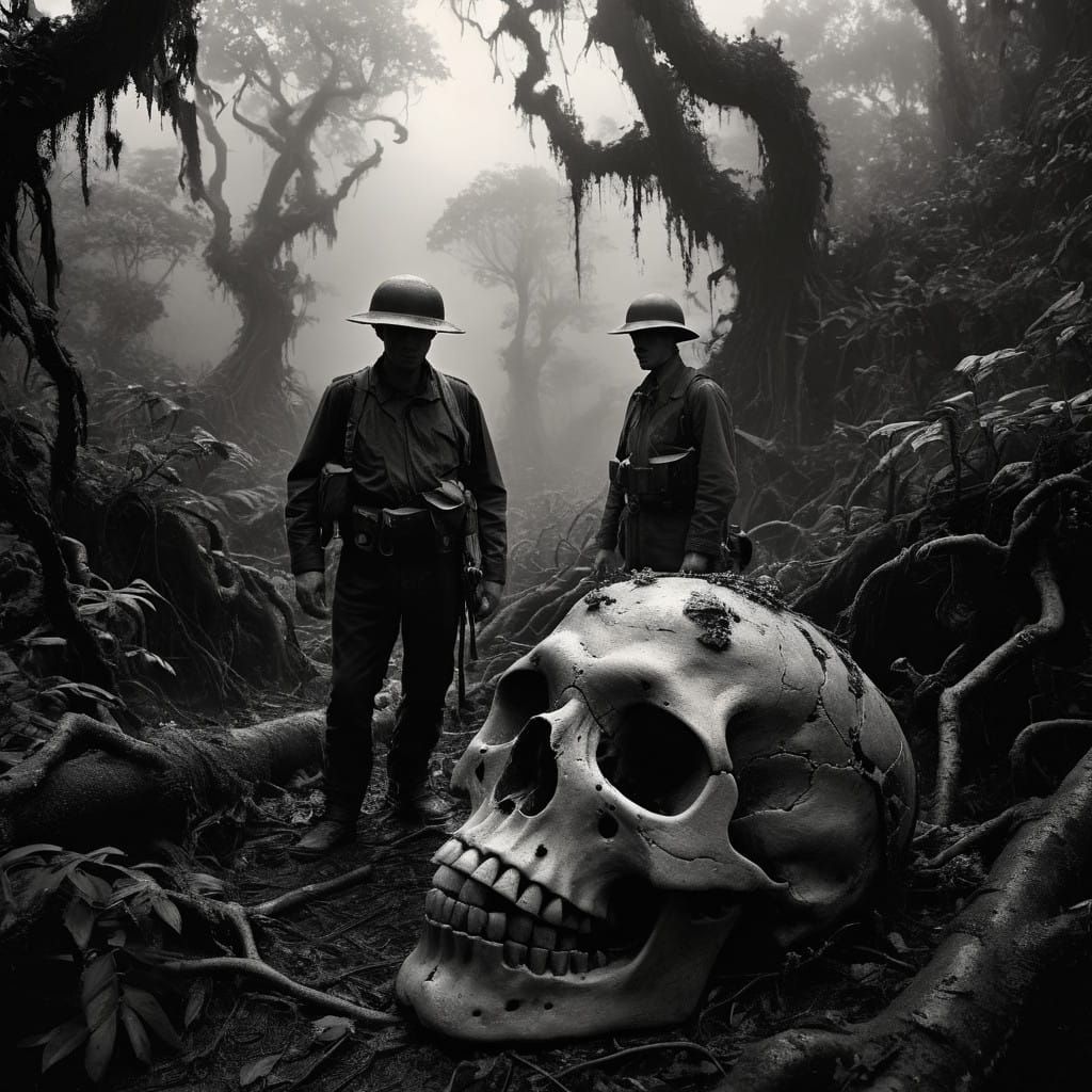Weathered Explorers Stand Before Ancient Skull in the Jungle