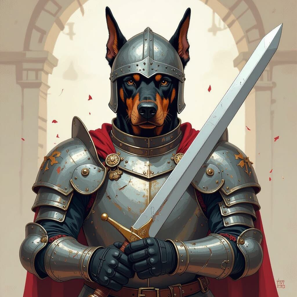Funny Drunk Doberman in Medieval Armor with Foam Sword