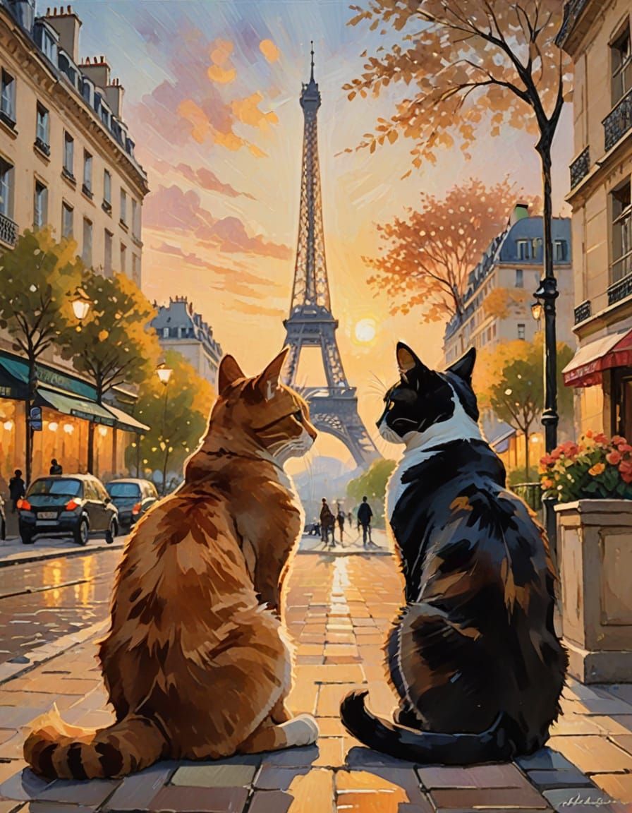 Two Cats in a Whimsical Parisian Impressionist Scene