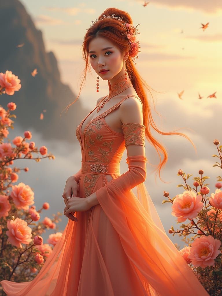 Ethereal Chinese Goddess in Jade-Lit Cheongsam