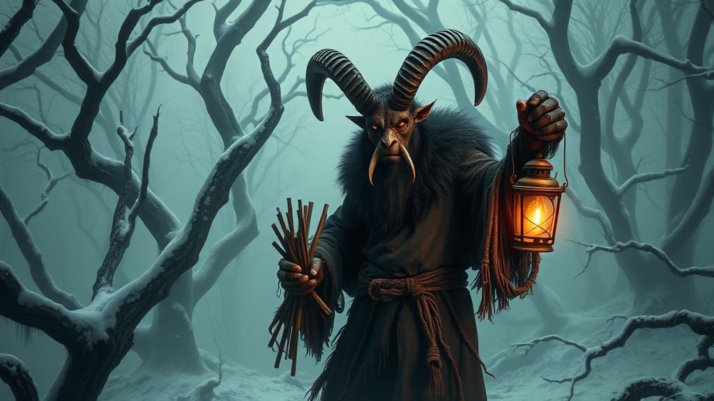 Krampus, Half-Goat, Half-Demon, in Dark Whimsical Forest