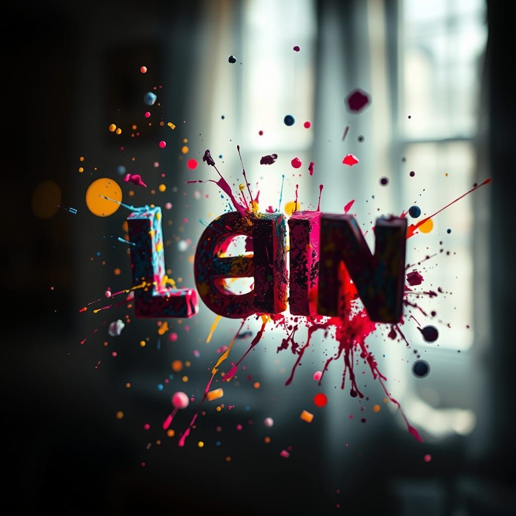 Explosion of Paint and Letters in Dramatic Light