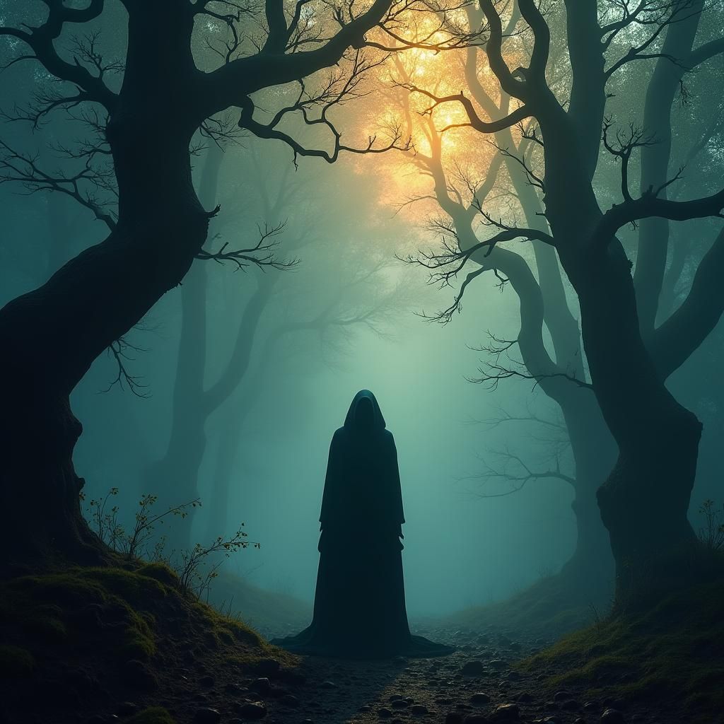 Mysterious Woman in Shadowy Forest, Fantasy Concept Art