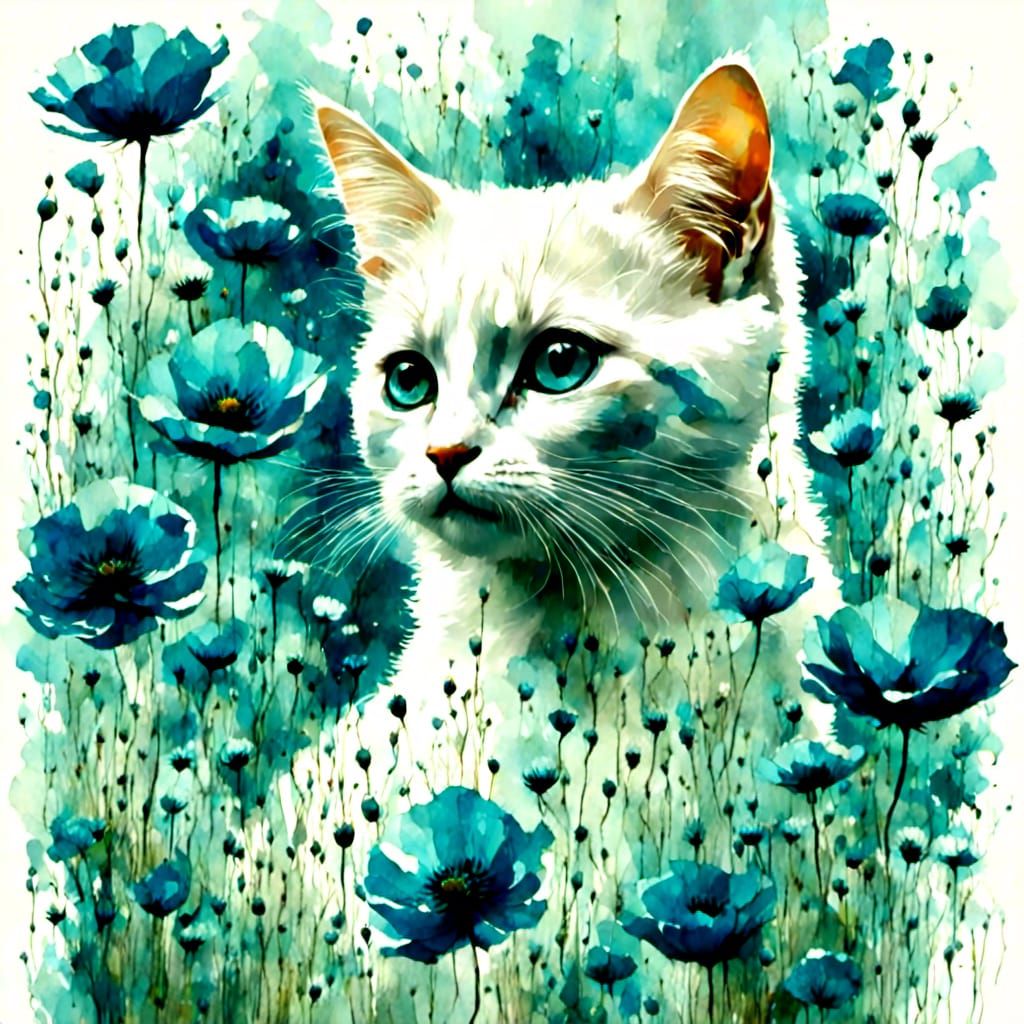 White Cat Silhouette with Blue Poppies in Watercolor