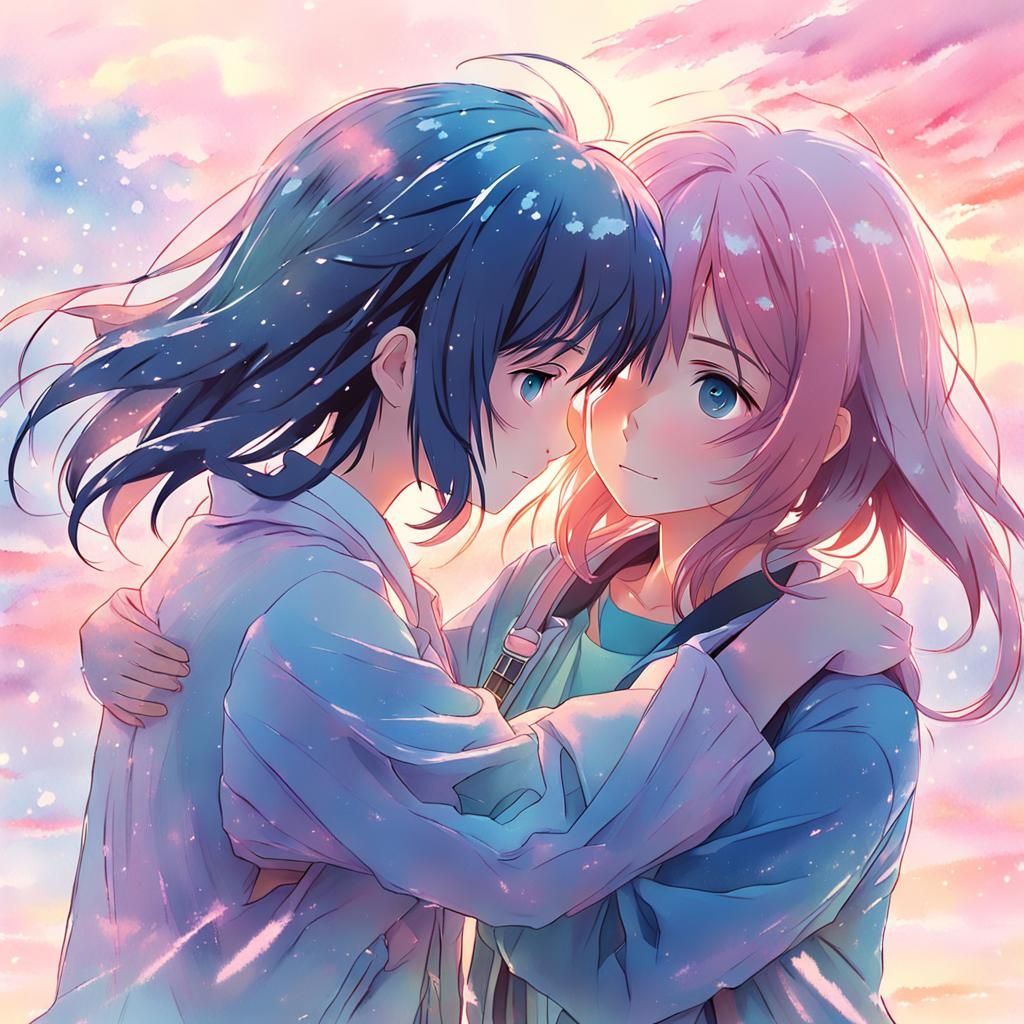 Anime Girls Embrace in Watercolor Style