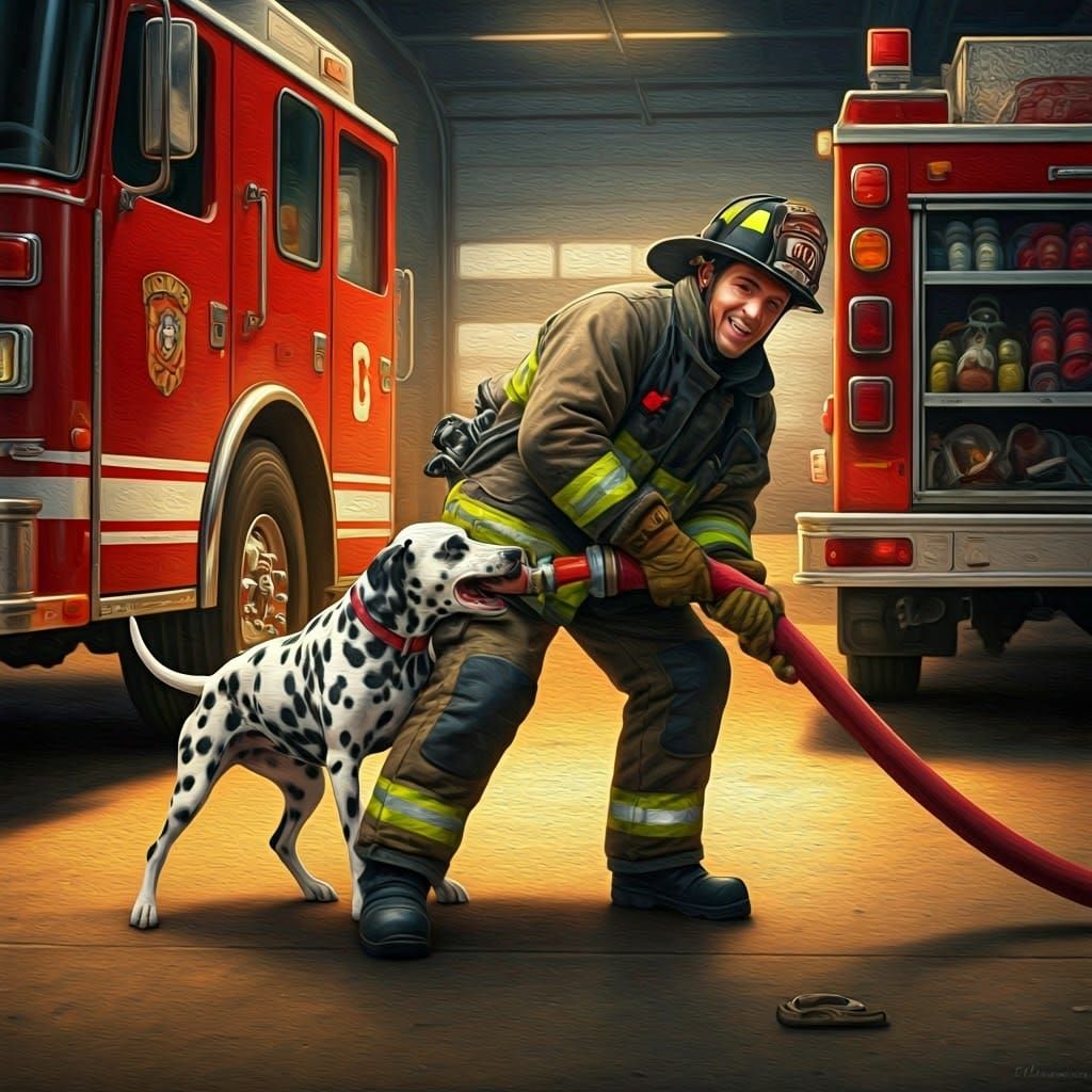 Playful Firefighter and Dalmatian in a Heartfelt Moment