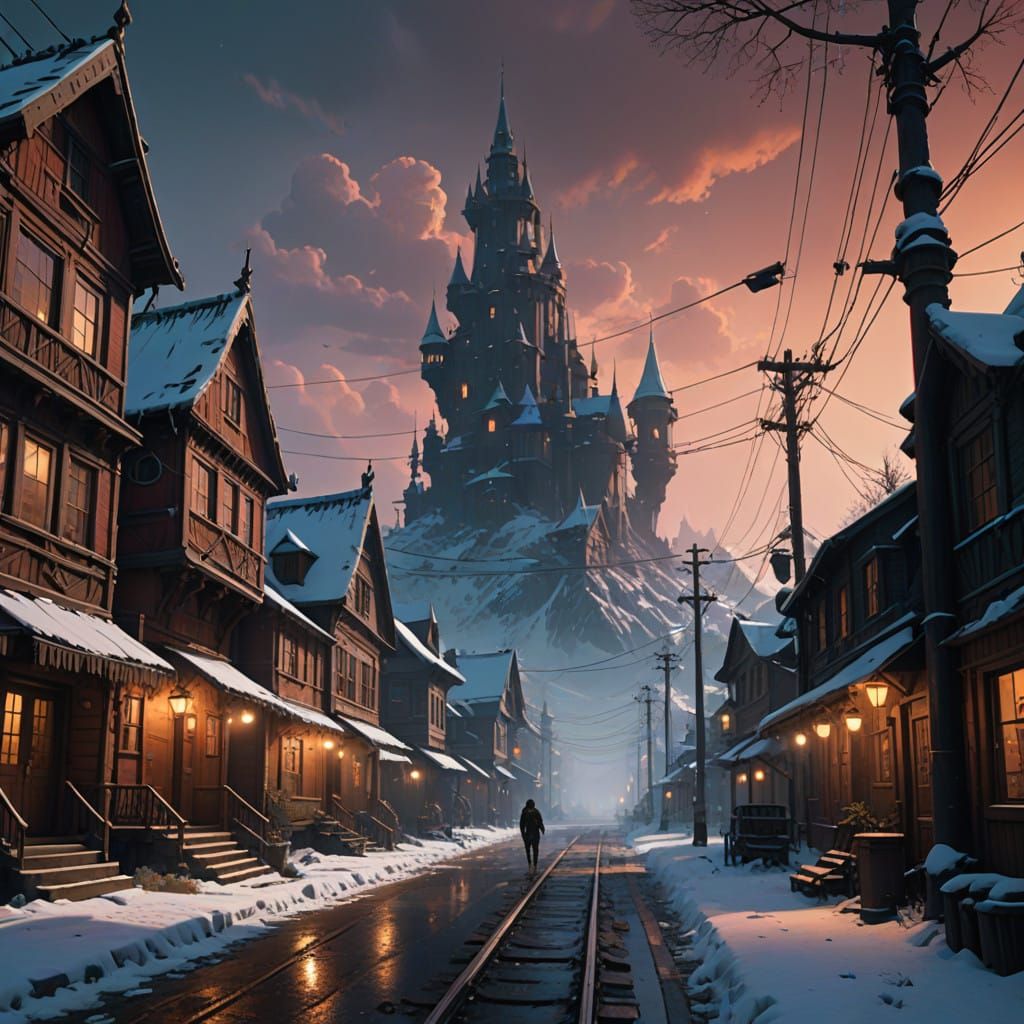 Dreamlike Snowy Evening Scene in Epic Impressionist Style