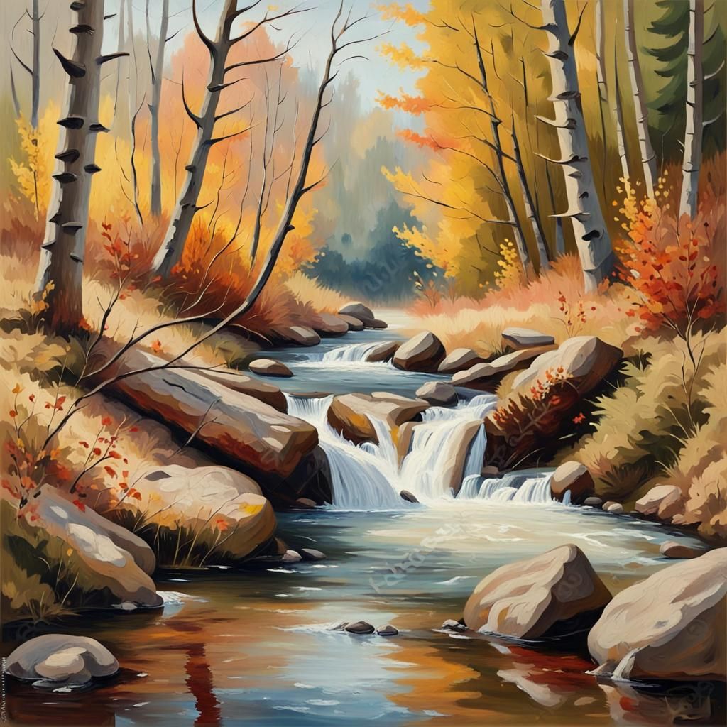 Trout Leaps in Impressionist Autumn Creek Scene