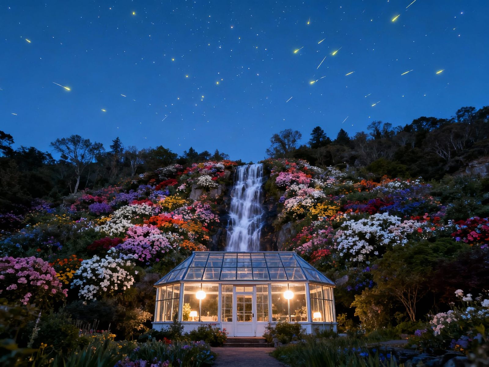 Glass House at Dusk with Flower Waterfall