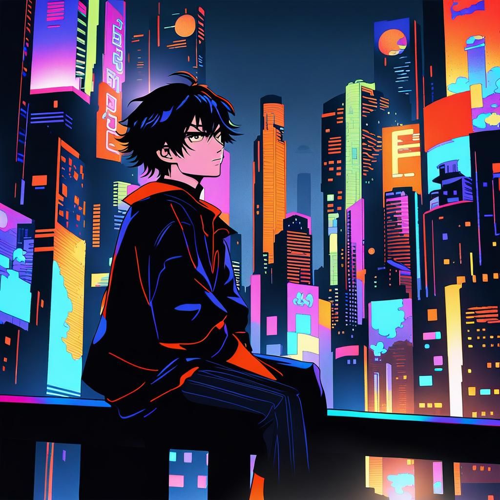 Anime Boy on Skyscraper Ledge in Cel-Shaded Style