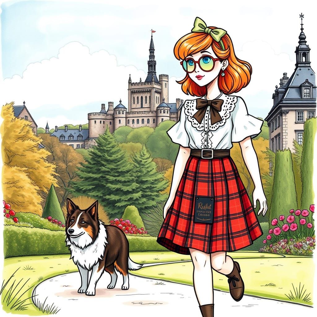 Whimsical Scottish Lass in Traditional Tartan Kilt with Roug...