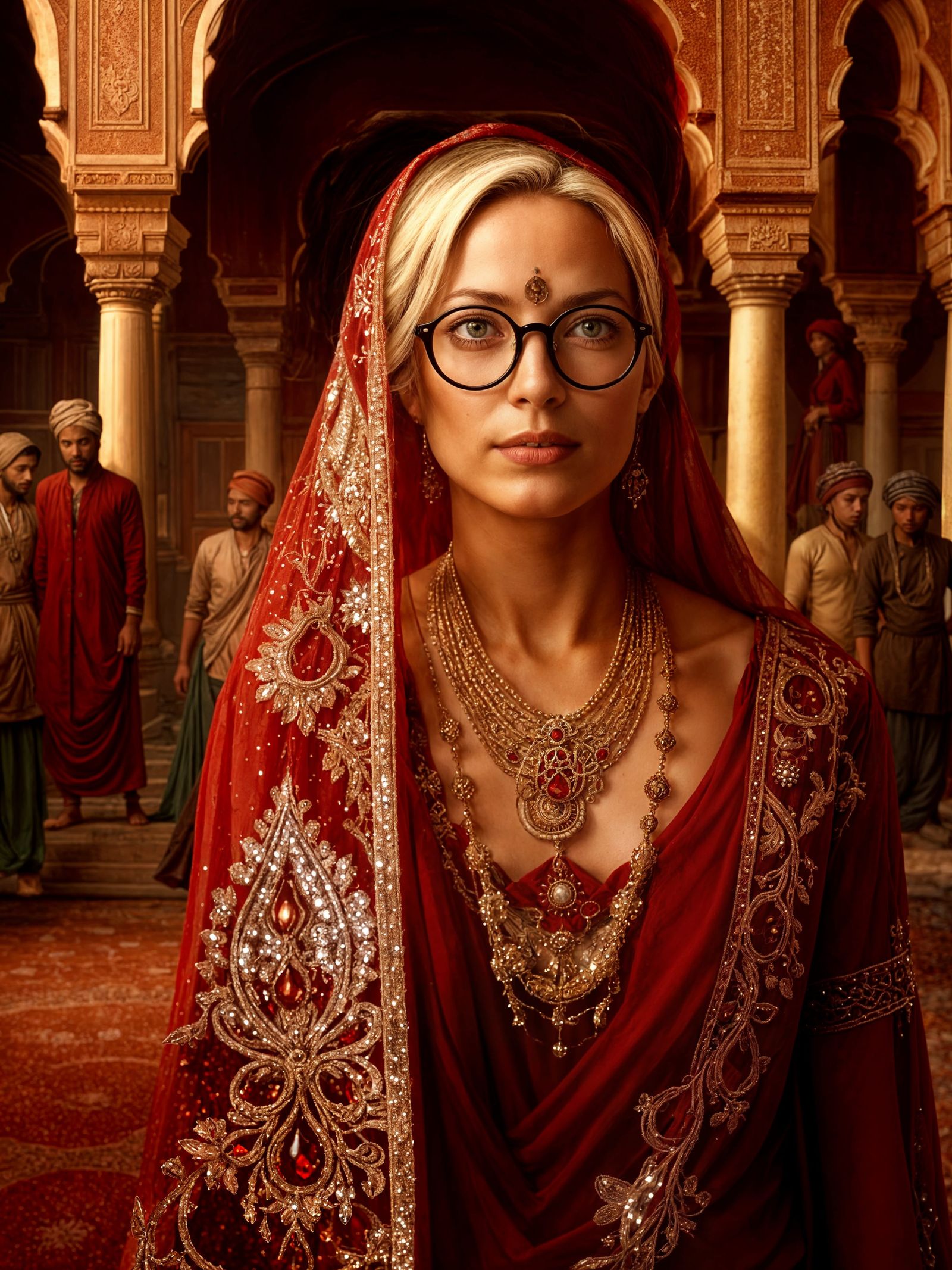 Woman in Red Saree at Maharaja Palace, Digital Art