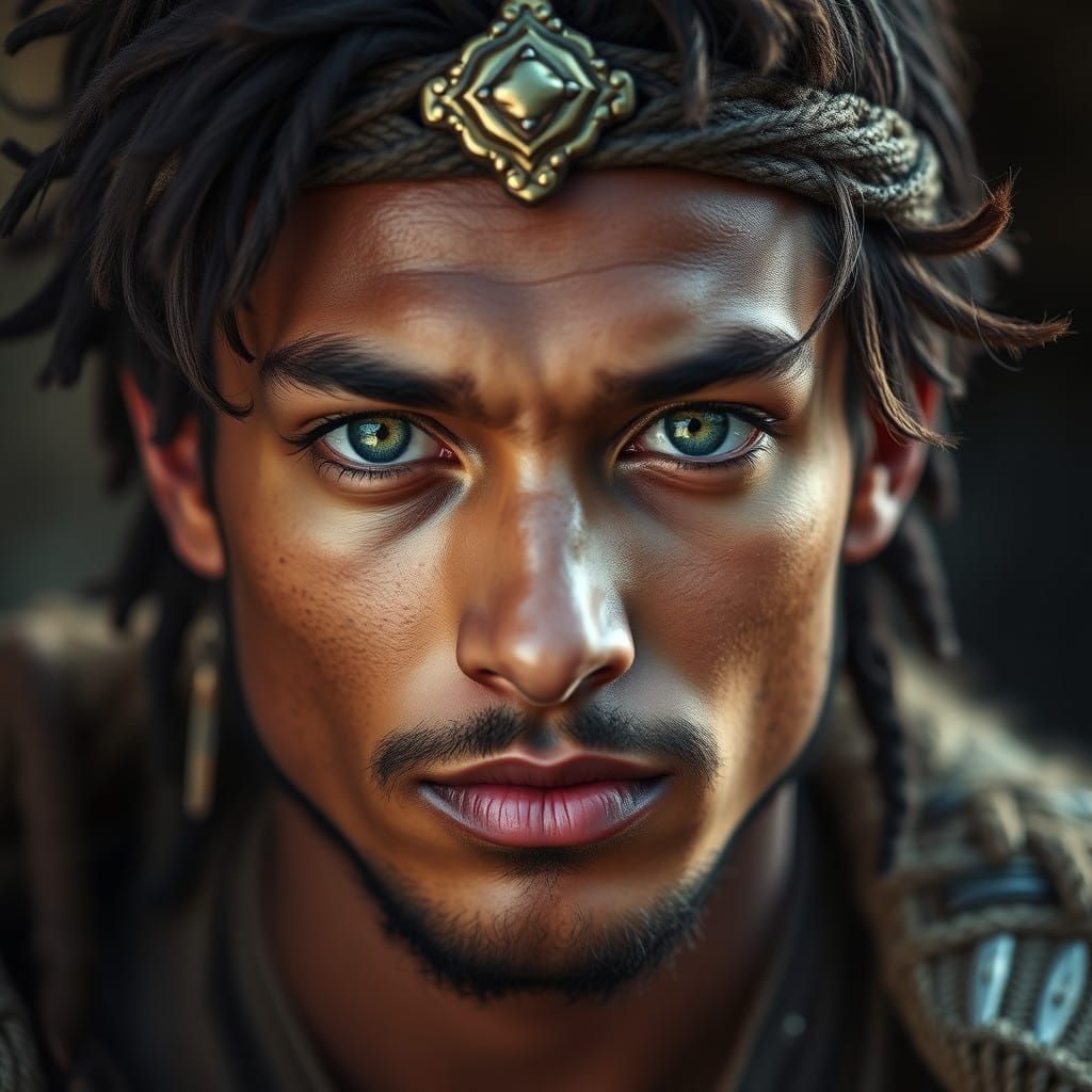 Portrait of a handsome, wild mixed-race warrior with almond-shaped green eyes.