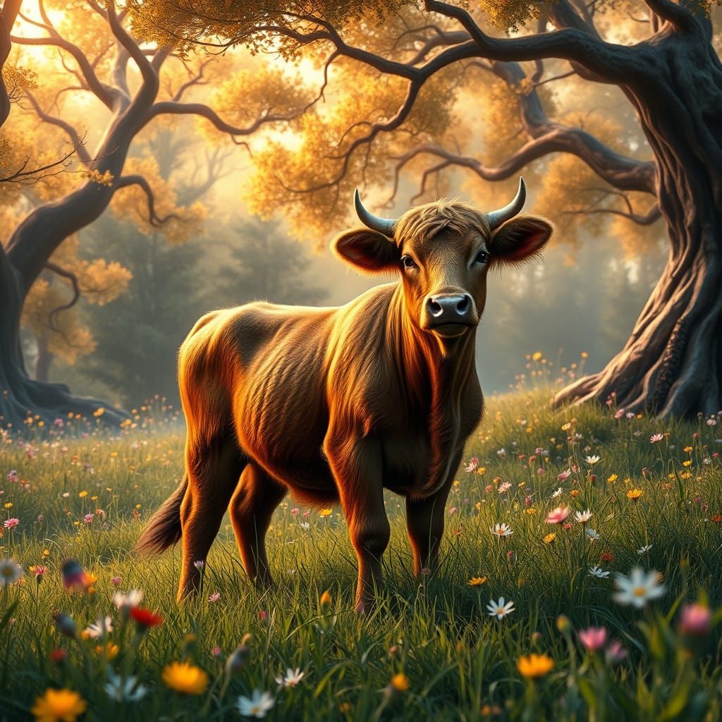 Whimsical Brown Cow in Vibrant Fantasy Meadow