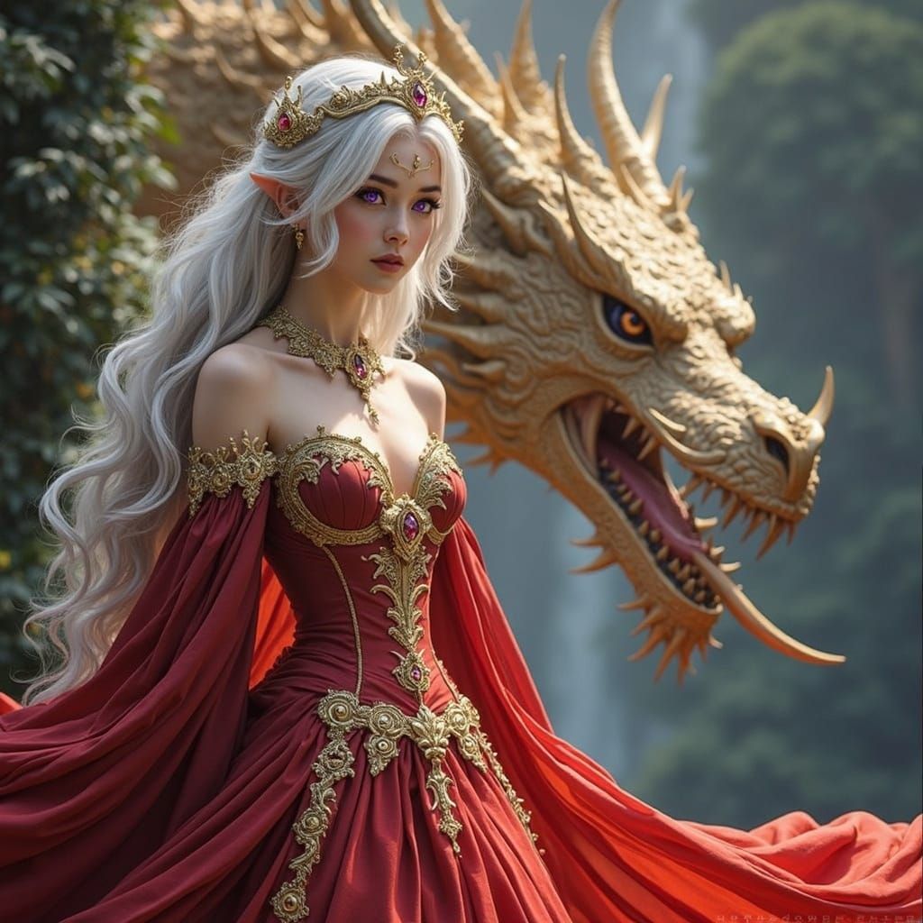 Dark Fantasy Princess in Regal Red and Gold Attire with Maje...