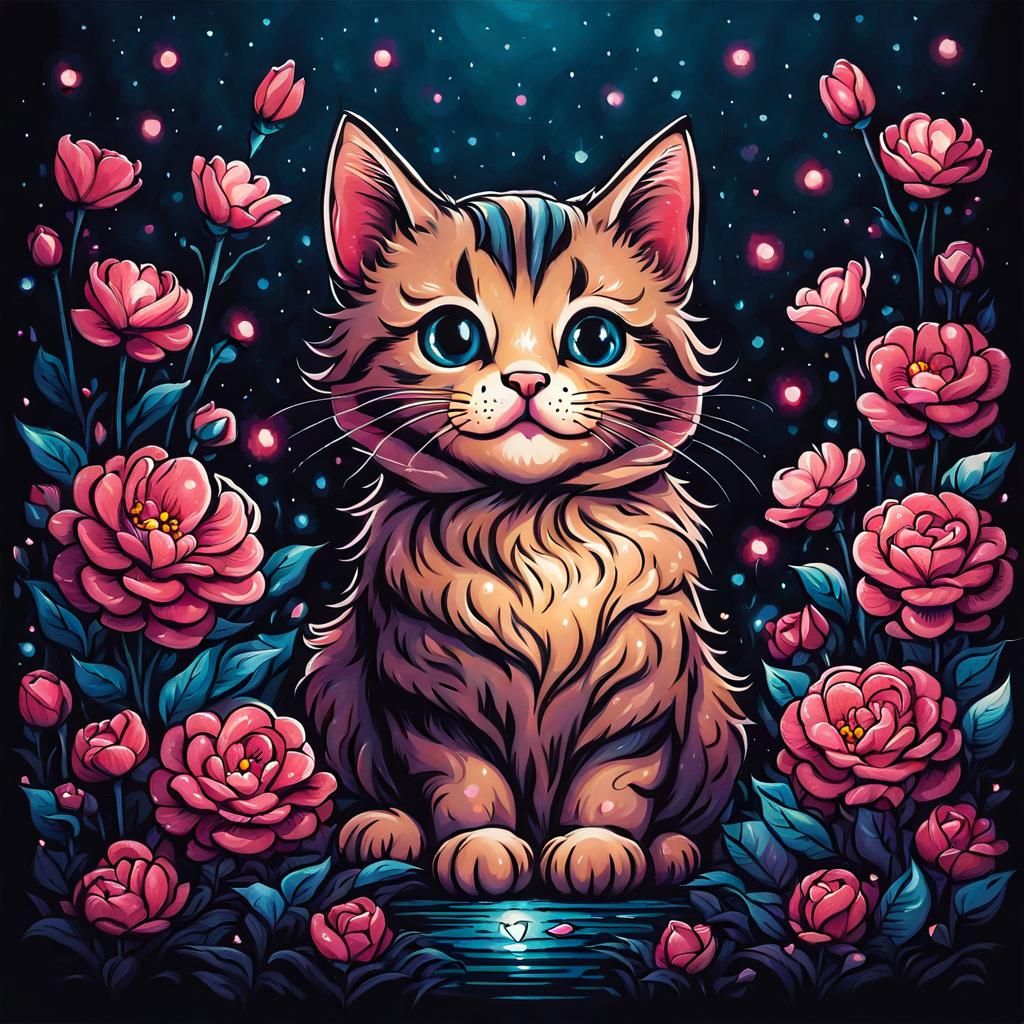 Cat on Pillow Surrounded by Flowers: Digital Illustration
