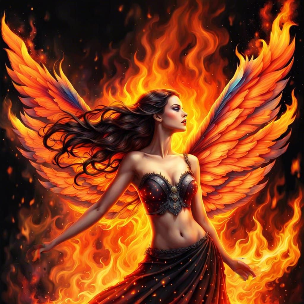 Fire Fairy with Wings Aflame, Digital Watercolor