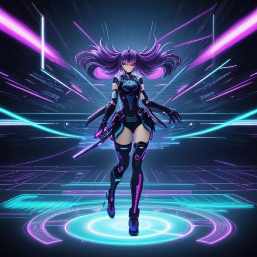Anime Girl Cyberpunk Rave on Futuristic Stage