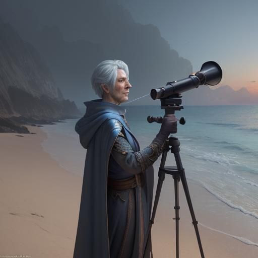 Wizard Observes Beach with Telescope: Fantasy Art