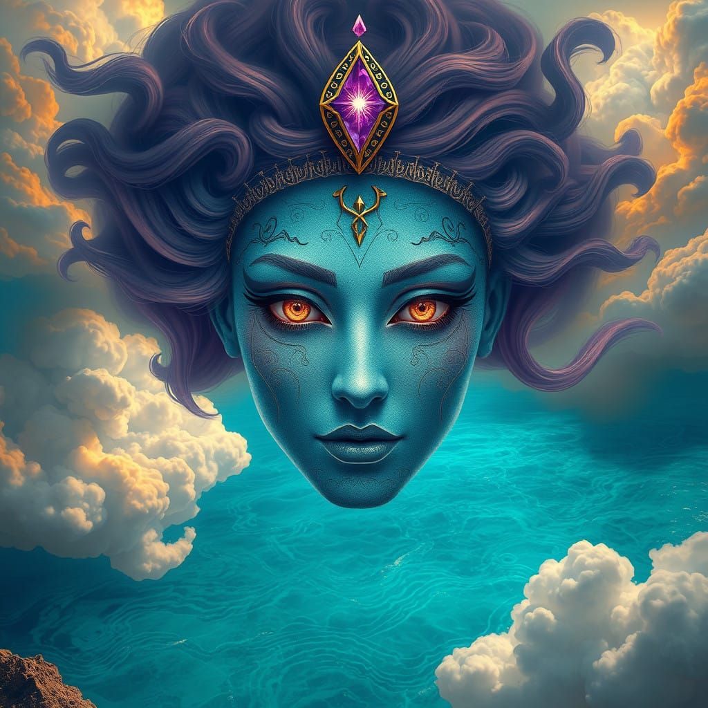 Majestic Astarte Goddess Radiates Ethereal Light Over Turquo...