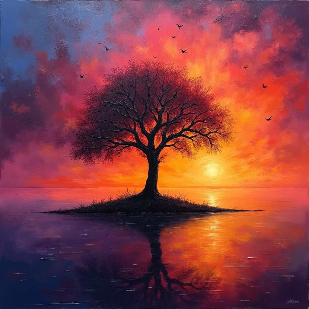 Majestic Tree Silhouette Set Ablaze by Vibrant Sunset