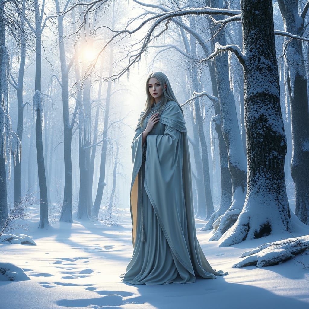 Draenei Priestess in Winter Forest, Alphonse Mucha Style