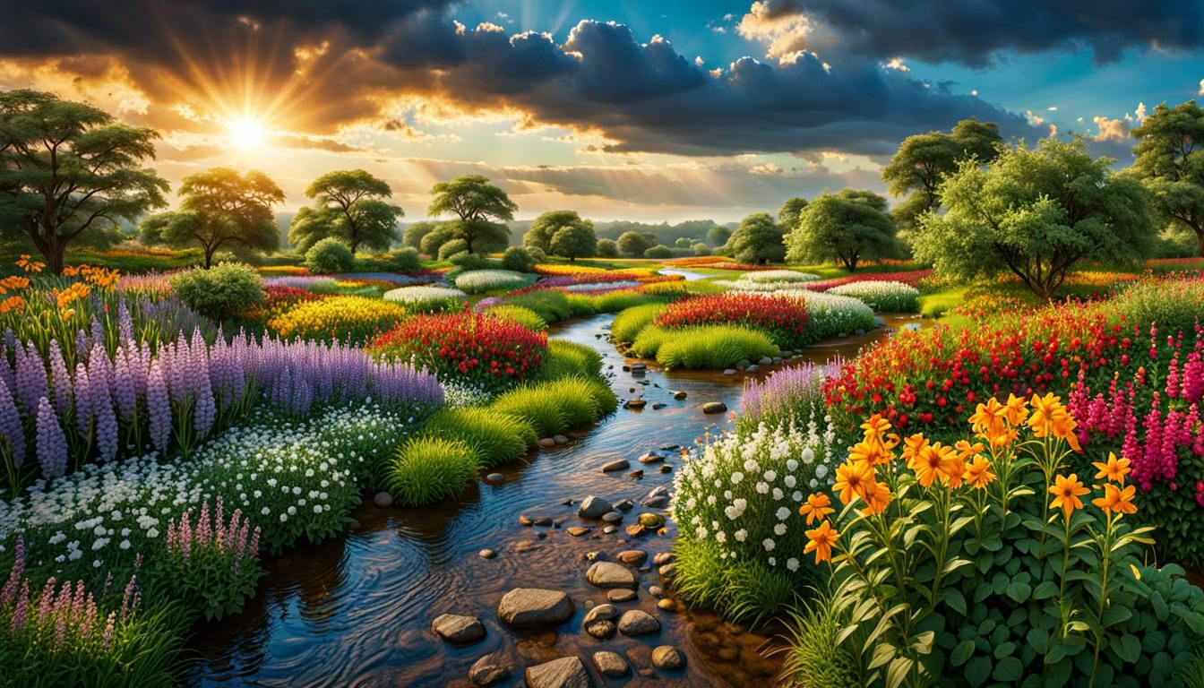 Hyperrealistic Creek Meadow with Deer and Butterflies