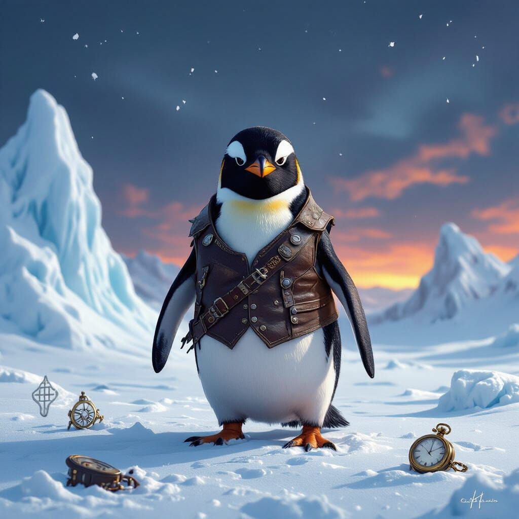Dapper Penguin Outlaw on Snowy Plain in Twilight