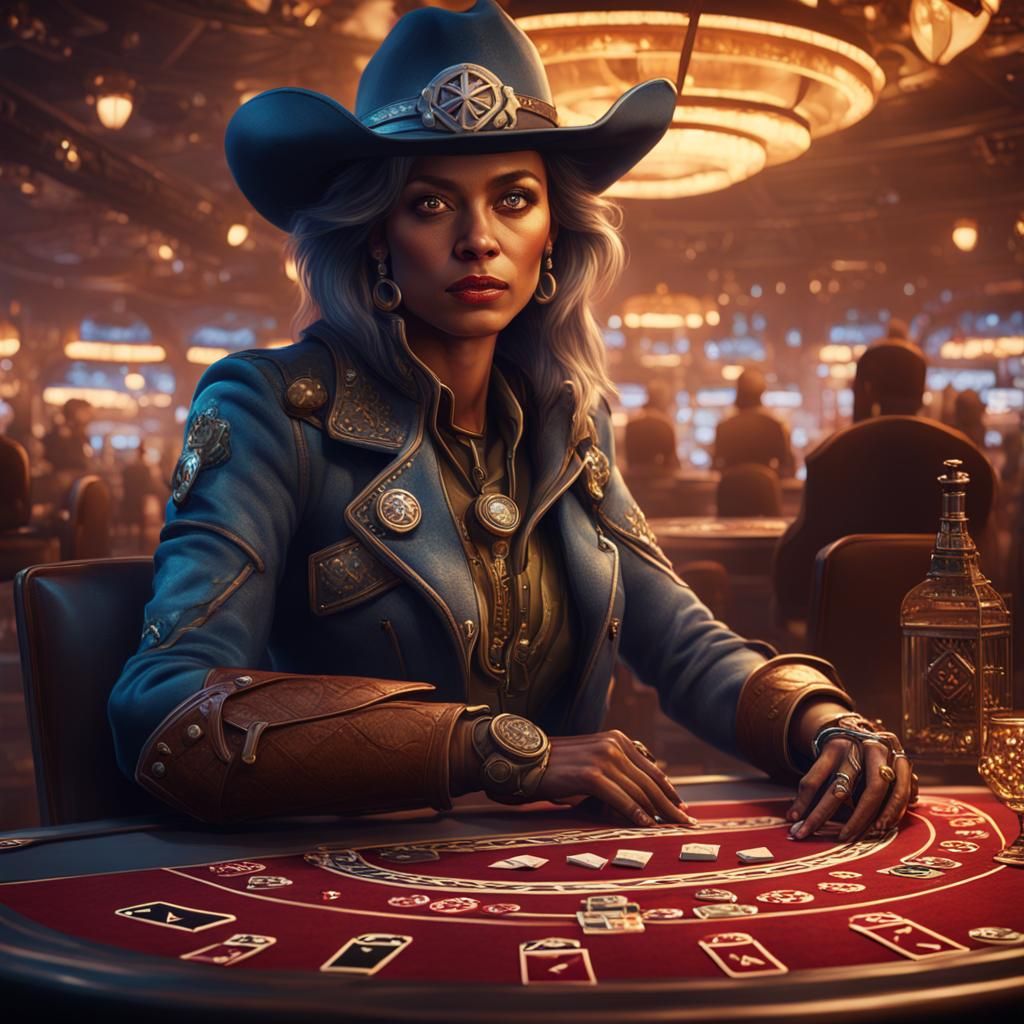 Futuristic Cowgirl at Gambling Table, Detailed Digital Art
