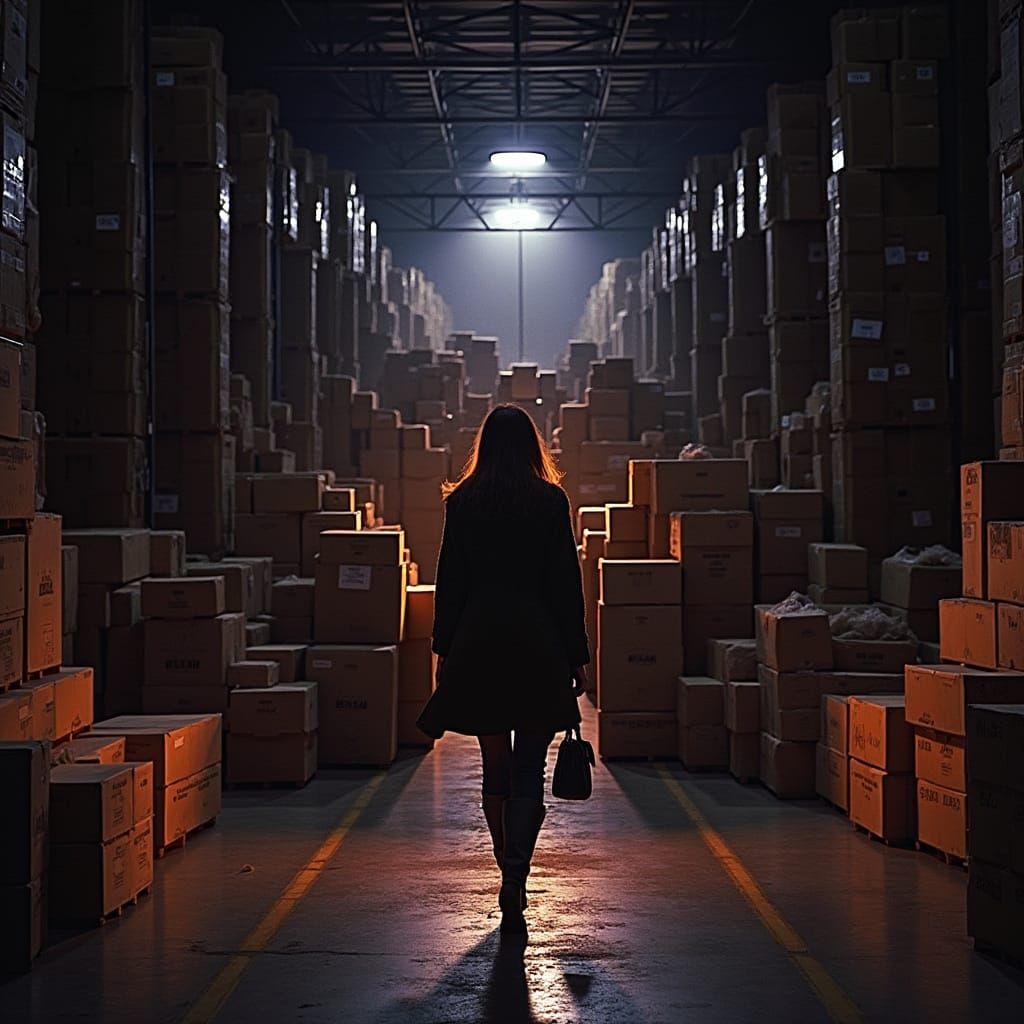 Woman in Endless Warehouse of Boxes, Cinematic Style