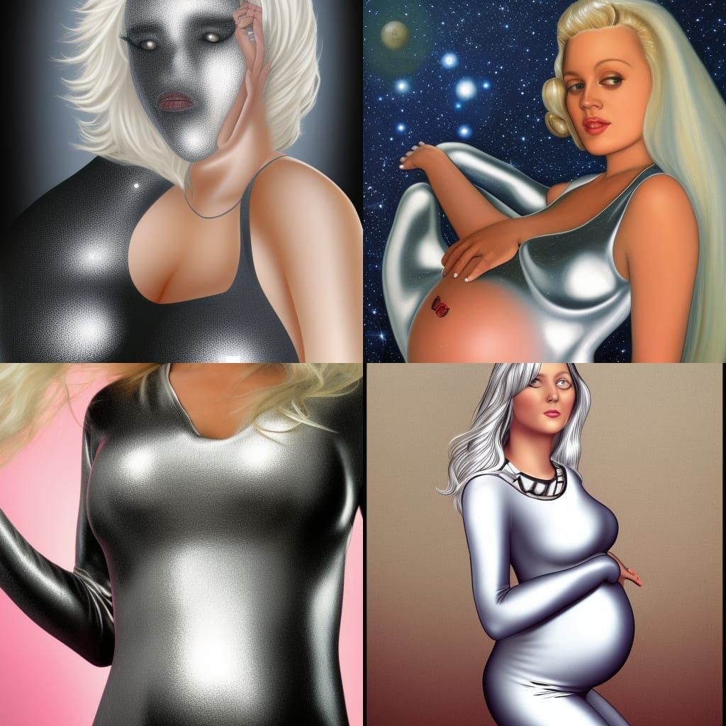 Pregnant Spacegirl Portrait in Silver Catsuit
