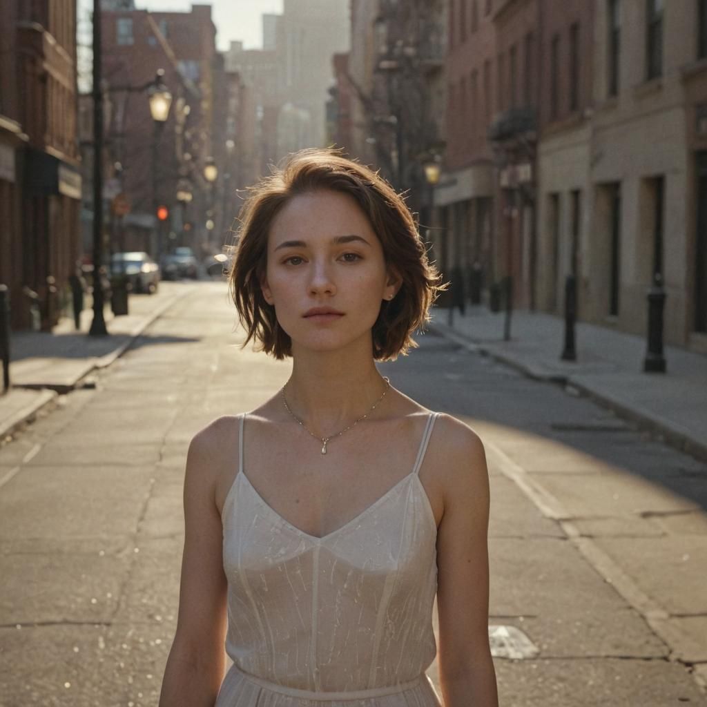 Woman in Deserted Uptown Street: Photorealistic Close-Up