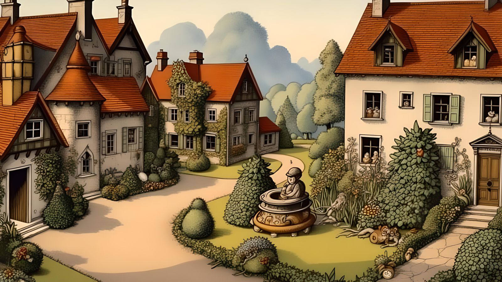 Charming Village Scene in Storybook Style