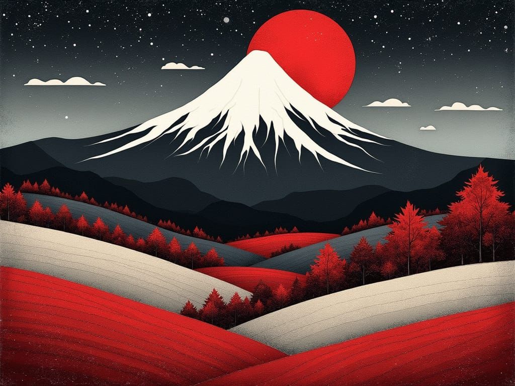 Vibrant Moonlit Japanese Landscape Quilted in Colorful Patch...