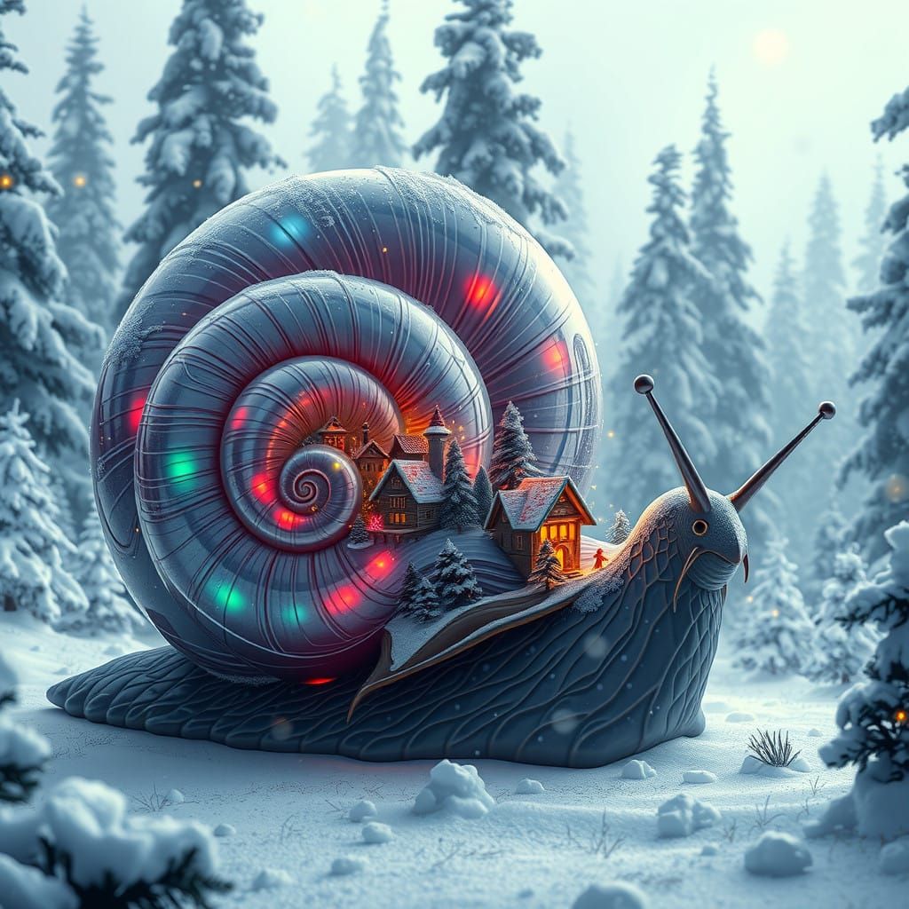 Iridescent Christmas Snail in Winter Wonderland