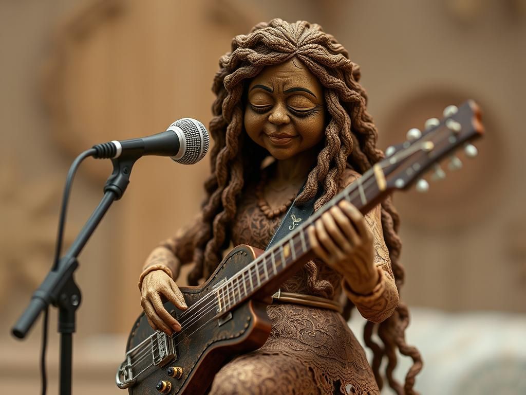 Tiny Janis Joplin in Ornate Wood Carving Style