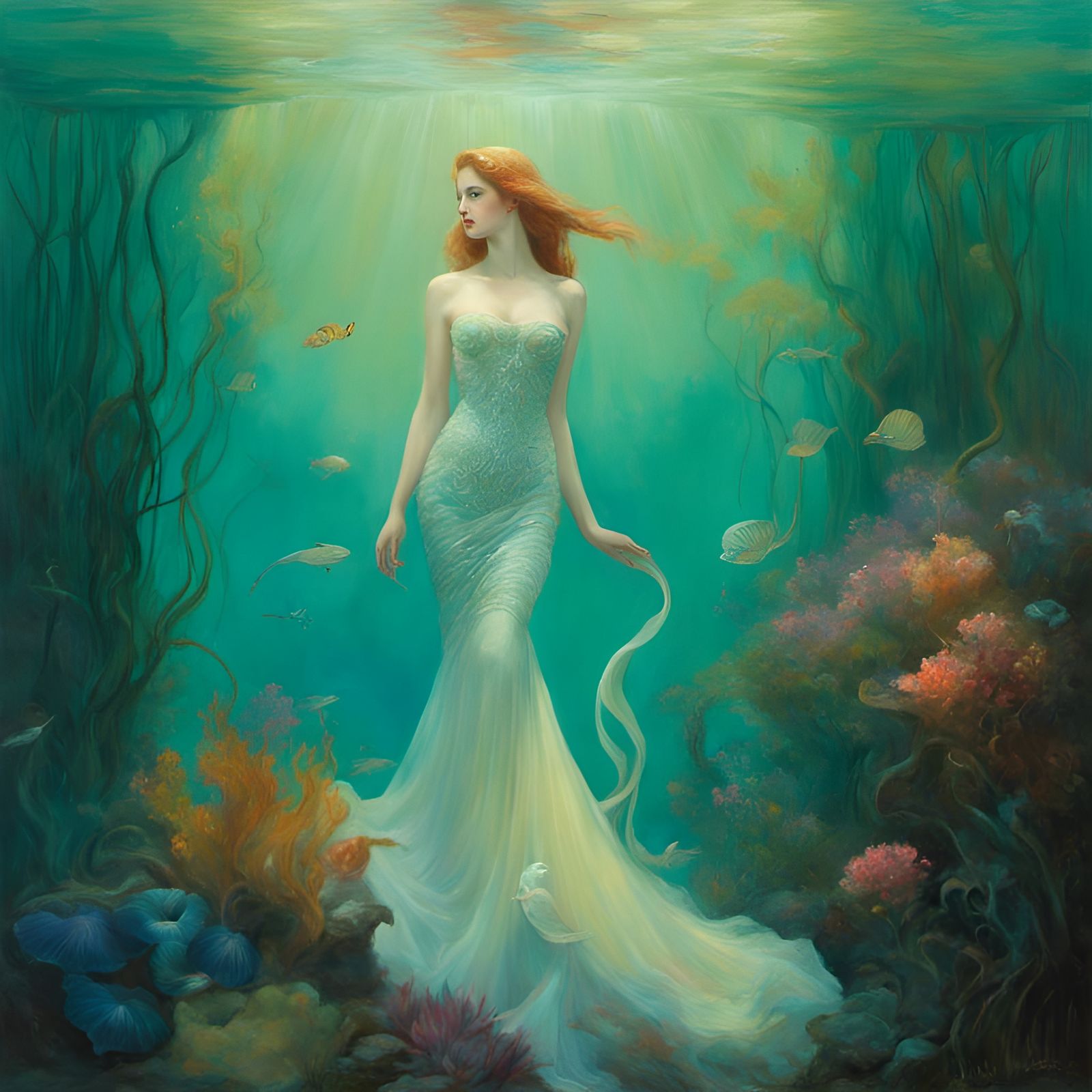 Dreamy Mermaid in Decadent Bioluminescent Garden