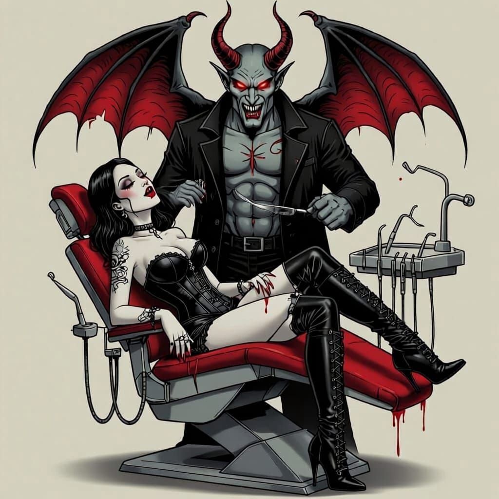 Gothic Tattoo Design: Woman in Dental Chair with Demonic Den...