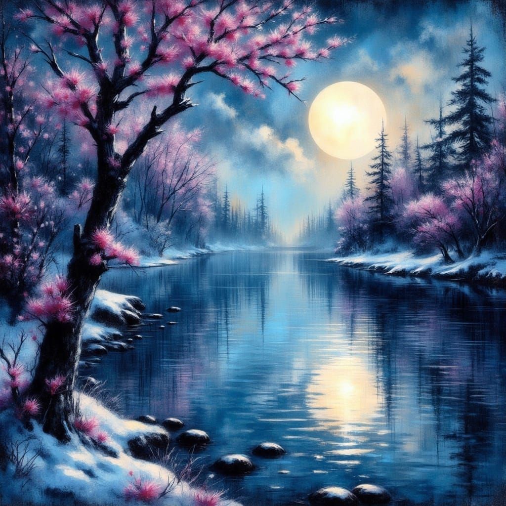 Serene Moonlit Lake in Frosted Alcohol Ink Style