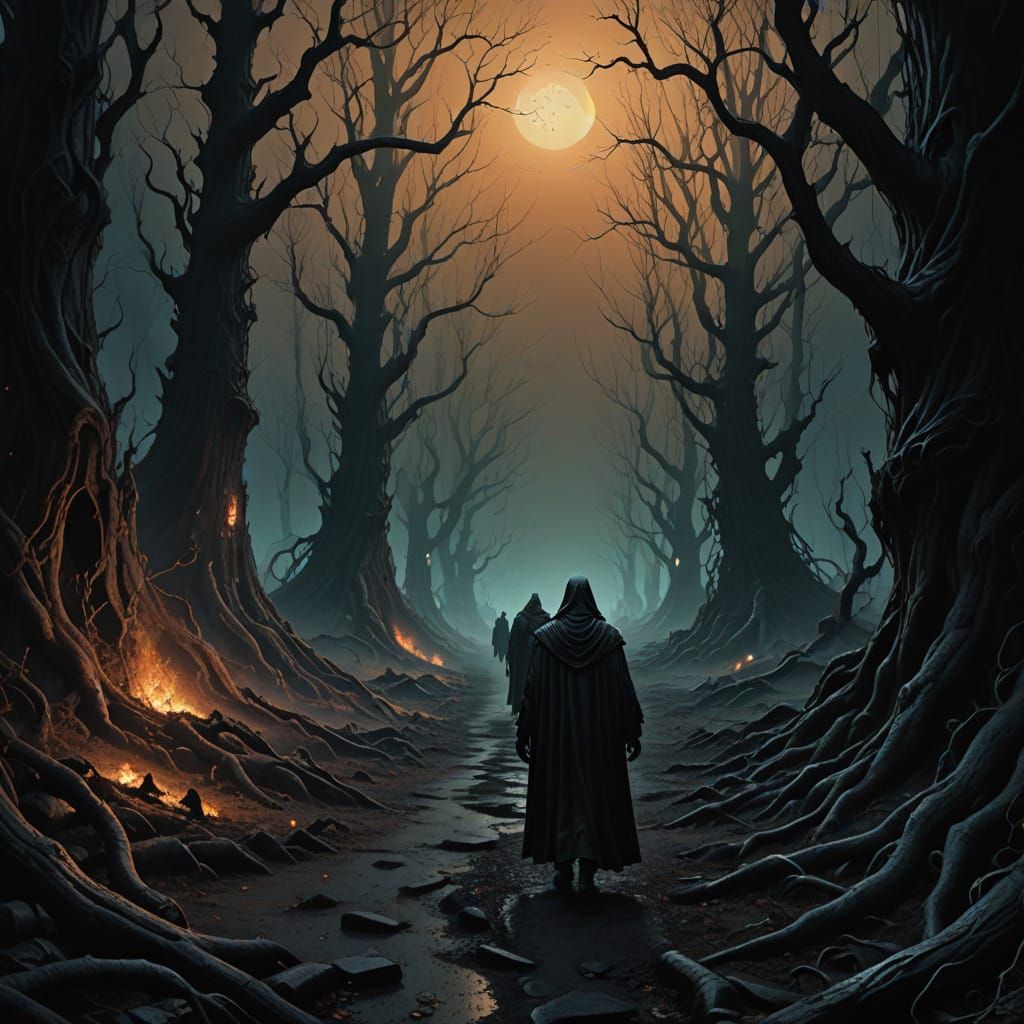 Ethereal Procession Unfolds in Dark, Gothic Landscape