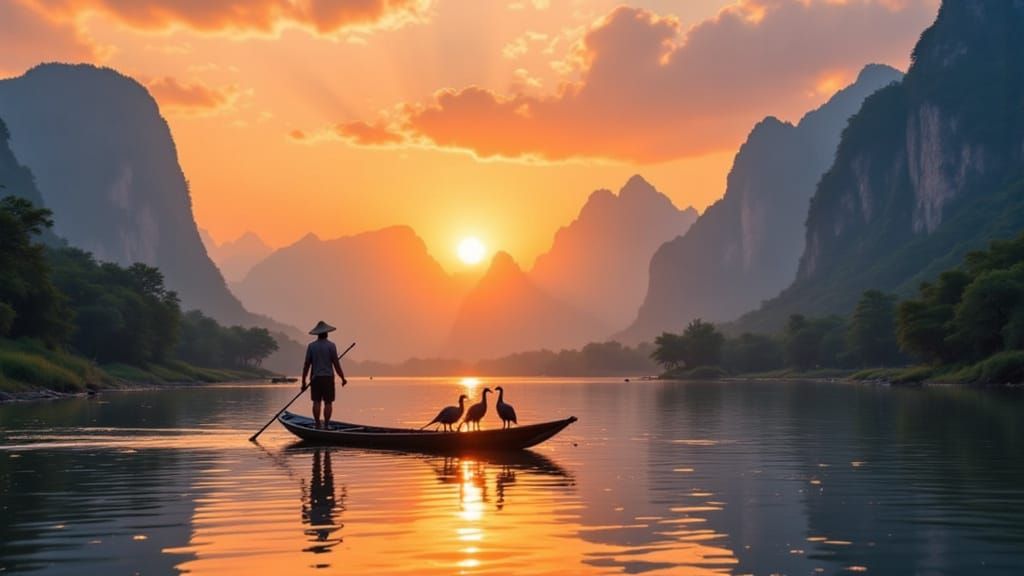Serene Fisherman in Majestic Karst Landscape